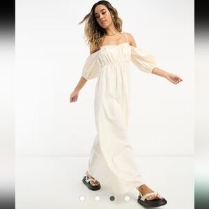 Asos Pastel Butter Cream Yellow Sweetheart Neckline Off  Shoulder Bohemian Dress